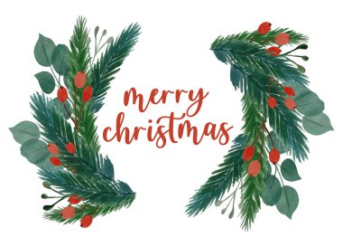 Çiçekli suluboya Noel çelengi. Doğa tasarımı. Tebrik kartı, poster şablonu. Xmas tatili