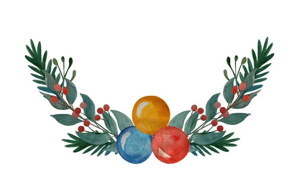  Böğürtlen suluboya Noel çelengi. Bir buket kutsal yaprak ve çam dalları elle boyanmış suluboya. Beyaz arkaplanda izole edilmiş tebrik kartları ve davetler için resim.