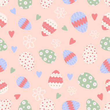 Tavşanları, çiçekleri, paskalya yumurtaları olan şirin paskalya desenleri. Güzel arka plan, Paskalya kartları, afişler, tekstil, duvar kağıtları için harika. Vektör tasarımı.