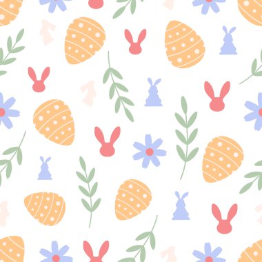 Tavşanları, çiçekleri, paskalya yumurtaları olan şirin paskalya desenleri. Güzel arka plan, Paskalya kartları, afişler, tekstil, duvar kağıtları için harika. Vektör tasarımı.