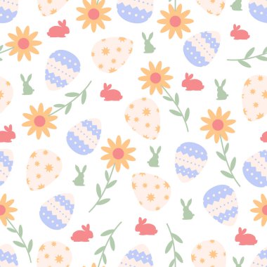 Tavşanları, çiçekleri, paskalya yumurtaları olan şirin paskalya desenleri. Güzel arka plan, Paskalya kartları, afişler, tekstil, duvar kağıtları için harika. Vektör tasarımı.