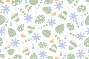 Tavşanları, çiçekleri, paskalya yumurtaları olan şirin paskalya desenleri. Güzel arka plan, Paskalya kartları, afişler, tekstil, duvar kağıtları için harika. Vektör tasarımı.