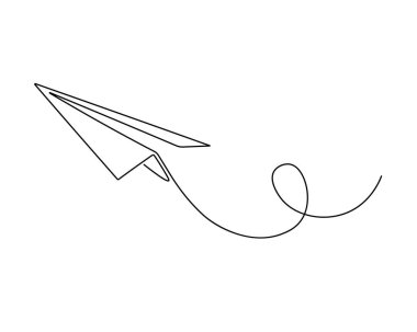 İzole edilmiş vektör nesnesinin sürekli çizimi kağıttan uçak uçuyor.