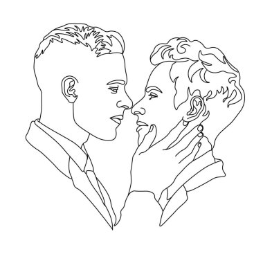 stylized pair portrait of two boys in a minimalist style, the silhouette of male faces drawn in one continuous line, lovers of a gay, couple of friends clipart