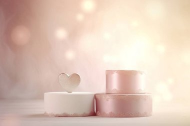 3 boyutlu podyum görüntüsü. Kozmetik ürünü. Pastel pembe arka plan. Kalp. Aşk. Valentine.. 