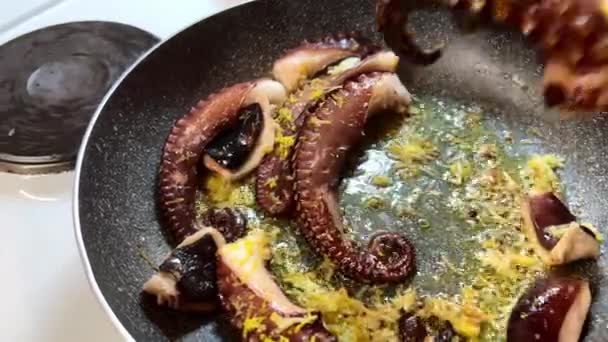 Octopus Being Cooked Frying Pan Stove Produce Delicious Fried Food — Stock Video
