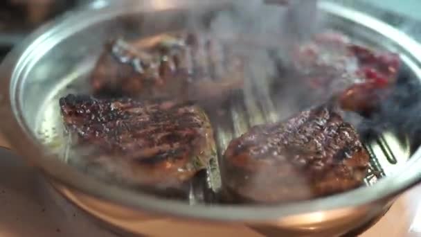 Lamb Chops Sizzling Pan Stove Slowly Cook Perfection Aroma Juicy — Stock Video