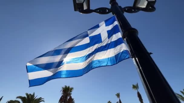 Μια Γαλάζια Και Άσπρη Ελληνική Σημαία Κυματίζει Στον Άνεμο Ένα — Αρχείο Βίντεο