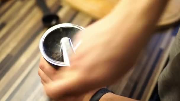 Barista Grinds Coffee Beans Manual Coffee Grinder High Quality Footage — Stockvideo