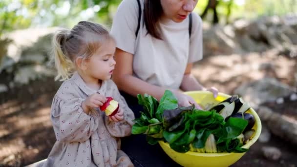 Женщина Ребенок Сидят Рядом Миской Овощей Счастливо Разделяя Трапезу Окружены — стоковое видео