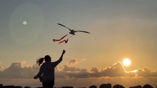 Kobieta Szczęśliwie Puszczająca Latawiec Atmosferycznym Zjawisku Zachodu Słońca Otoczona Chmurami — Wideo stockowe