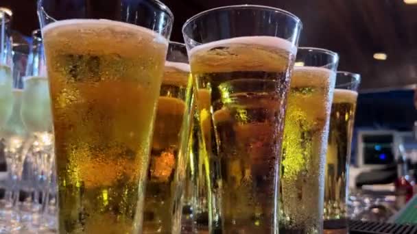 Uma Linha Copos Cerveja Cheios Líquido Balcão Bar Mostrando Drinkware — Vídeo de Stock