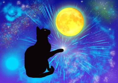Ay, ışık, yıldızlar, galaksiler ve siyah kedi siluetiyle geleceksel fantezi manzarası. Güzel tasarım alanı arkaplanı.