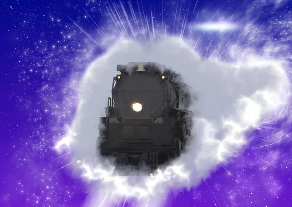 Futuristická Fantasy Krajina Lokomotivou Létající Vesmírem Světlem Hvězdami Galaxiemi Krásný — Stock fotografie