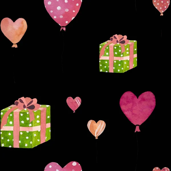 Yeşil hediye kutusu ve pembe şeftali balonları kalp formu. Siyah arkaplan dikişsiz suluboya deseni. Bu el çizimi resmi kartlar, ev dekorasyonu, ambalaj kağıdı, kıyafetler, kırtasiye malzemeleri, aksesuarlar için kullanın. 