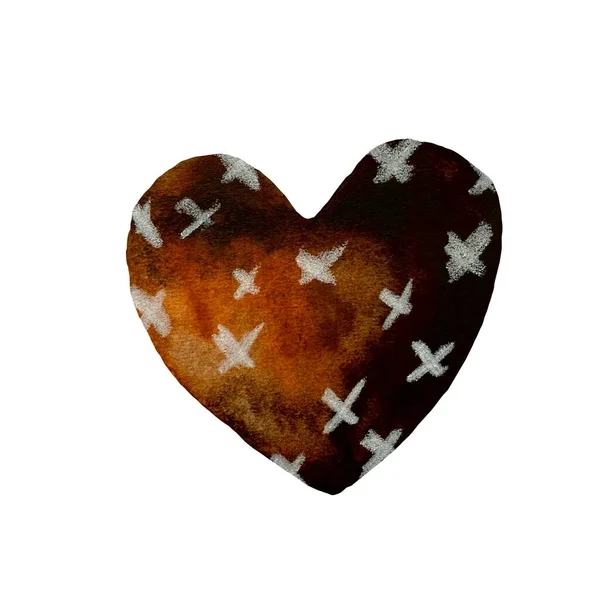 Kahverengi Desenli Kalp Suluboya Çizimi Çizimi Izole Beyaz Arka Planda — Stok fotoğraf