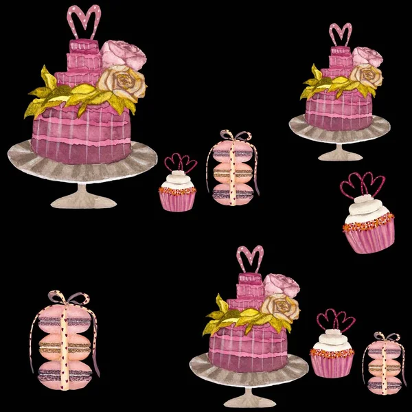 Valentines Cute Sweet Black Pattern Cupcakes Cakes Muffins Watercolor Illustration — Stock Photo, Image