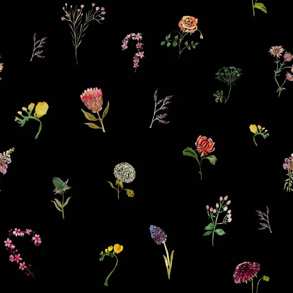 Akvarel Bezešvné Dahlia Frézie Vzor Zahradní Růžovou Žlutými Květy Listy — Stock fotografie