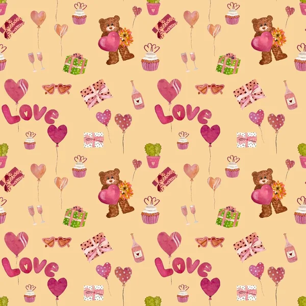 Милый Мишка Подарочные Коробки Воздушные Шары Сердца Кексы Солнцезащитные Очки — стоковое фото