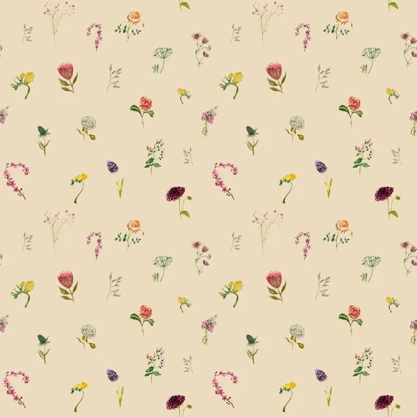 Béžové Bezešvé Květinové Listy Vzor Akvarel Ručně Kreslené Ilustrace Zahradními — Stock fotografie