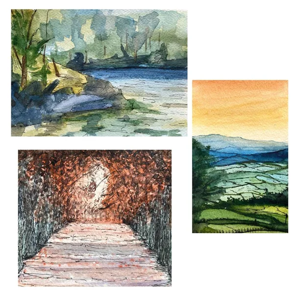 森と風景のスケッチ 公園や湖の水彩手のイラストを描いた カラフルな明るい 緑の葉 白い背景に隔離されている デザイン ポスター カード キャンバスのための抽象的な画像 — ストック写真