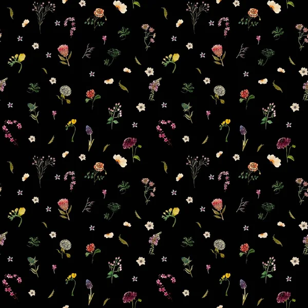 Patrón Sin Costura Flor Negro Con Jardín Rosa Flores Amarillas — Foto de Stock