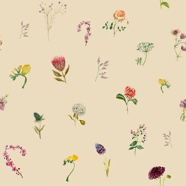 Bezešvé Květinová Sada Velký Vzor Akvarel Ilustrace Béžové Pozadí Použijte — Stock fotografie