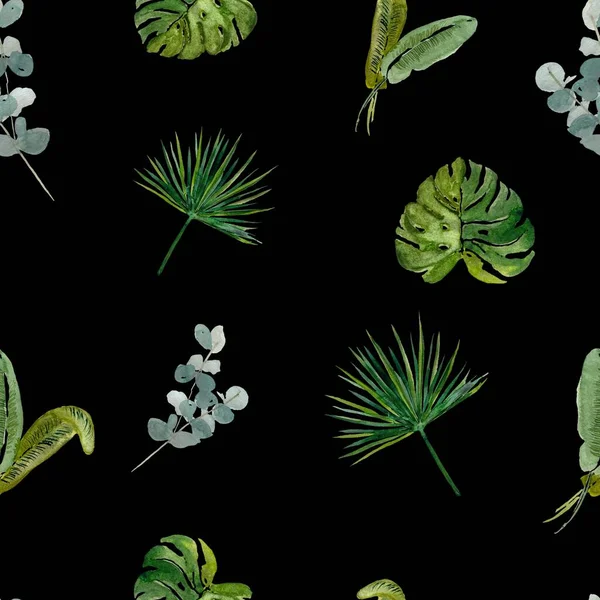 Palmblad Och Eukalyptus Sömlöst Akvarellmönster Svart Bakgrund Använd Denna Bild — Stockfoto
