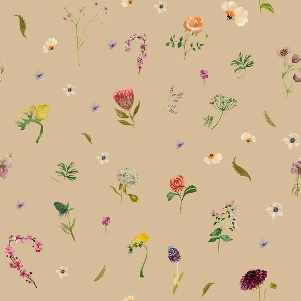 Великий Безшовний Квітковий Візерунок Ілюстрація Намальована Аквареллю Садовими Красивими Гілками — стокове фото