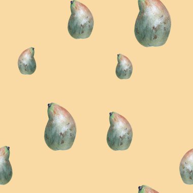 Yeşil armut desenli. Suluboya çizimi. El çizimi. Bej arka planda. Tasarım, ev dekorasyonu, kumaşlar, tekstil, kartlar, davetiyeler, afişler, aksesuarlar için resim. 