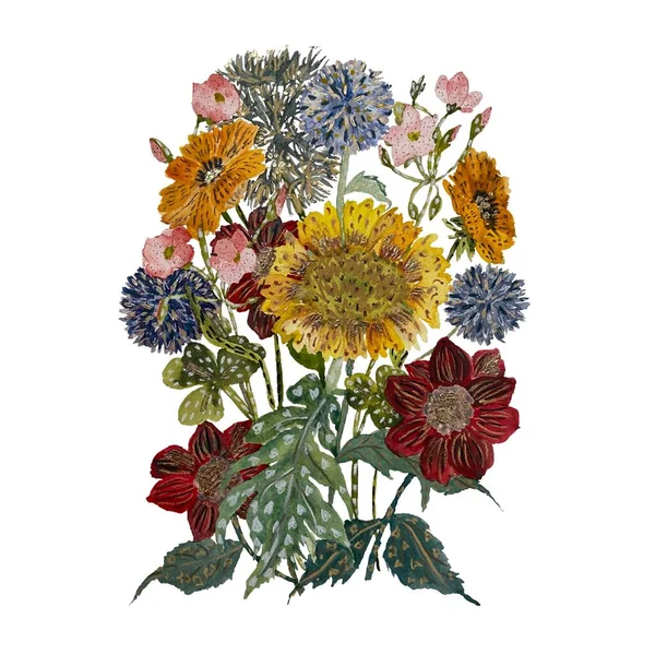 花束の花のスケッチ テクスチャ化 水彩画です 白い背景に隔離されている デザイン 家の装飾 ファブリック プリント テキスタイル カード — ストック写真