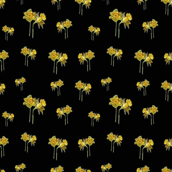 Желтый Нарцисс Бесшовный Букет Узора Ручной Рисунок Акварелью Изолированный Черном — стоковое фото