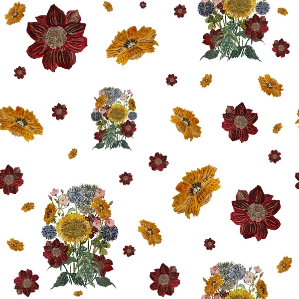 花束の花のシームレスなパターン 水彩画です 白い背景に隔離されている デザイン 家の装飾 ファブリック プリント テキスタイル カード 招待状 — ストック写真