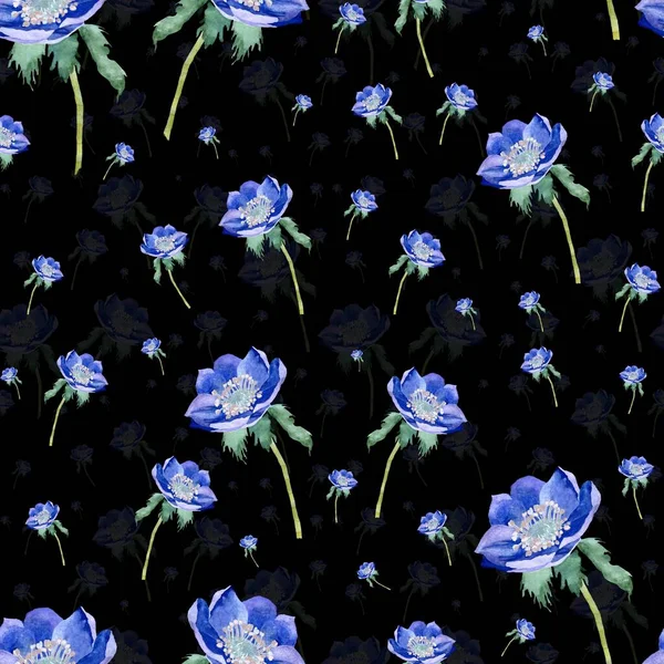 Violett Anemon Utsmyckade Sömlöst Mönster Akvarell Handritad Illustration Isolerad Svart — Stockfoto