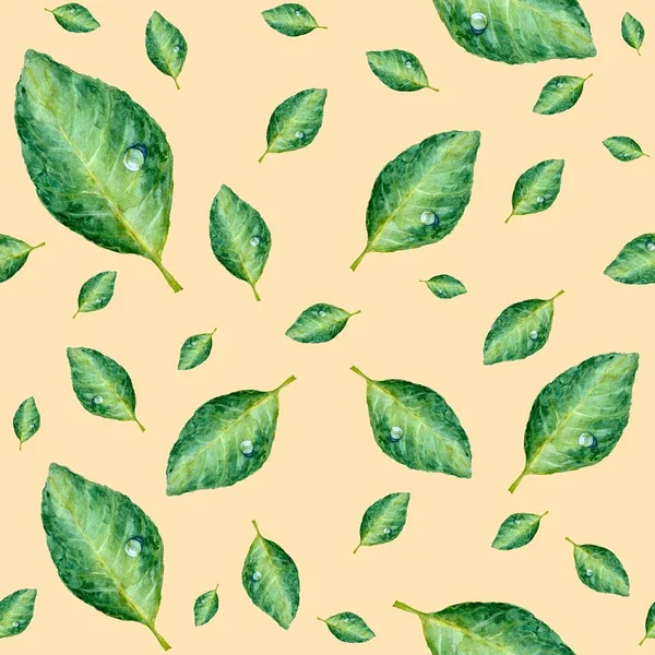 Grönt Löv Sömlöst Mönster Akvarell Illustration Handritad Isolerad Beige Bakgrund — Stockfoto