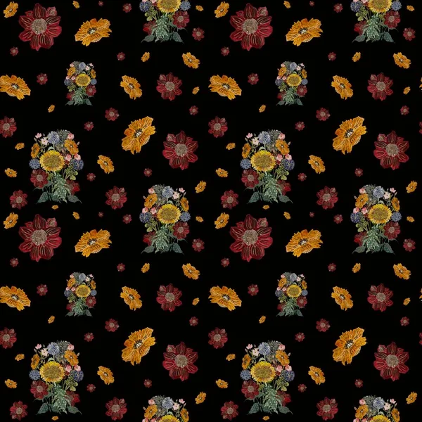 花束の花のシームレスなパターン 水彩画です 黒の背景に隔離されてる デザイン 家の装飾 ファブリック プリント テキスタイル カード 招待状 — ストック写真