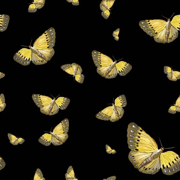 Gelber Schmetterling Nahtloses Muster Eine Aquarell Illustration Vereinzelt Auf Schwarzem — Stockfoto