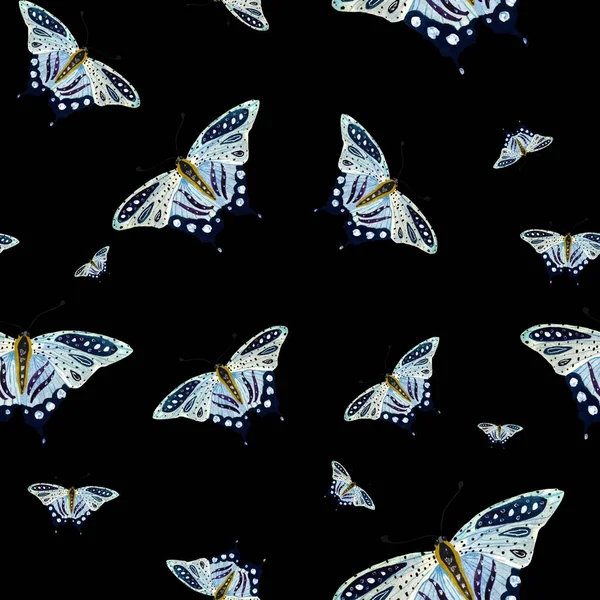 Blauer Schmetterling Nahtloses Muster Eine Aquarell Illustration Vereinzelt Auf Schwarzem — Stockfoto