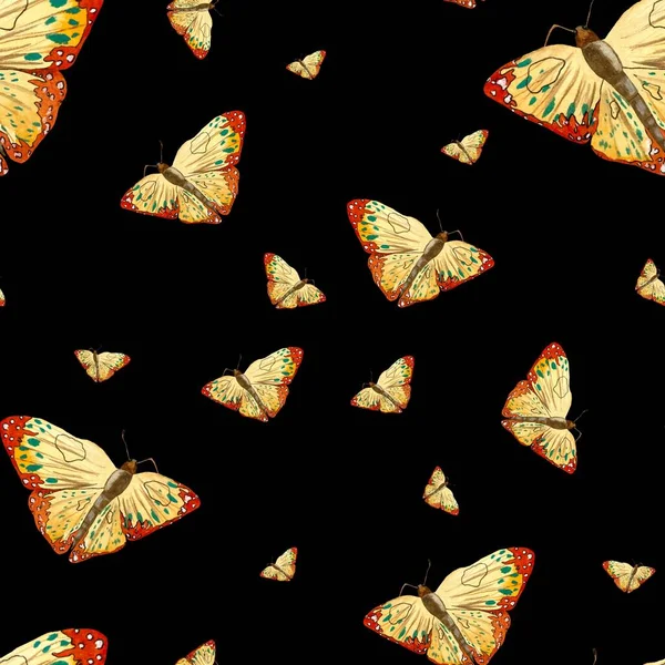 Orange Gelbe Schmetterling Nahtlose Muster Eine Isolierte Aquarell Illustration Schwarzer — Stockfoto