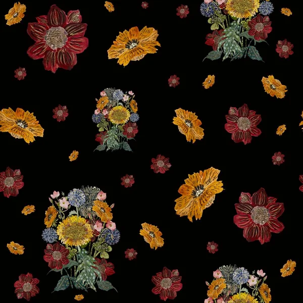 花花束シームレスパターン 水彩画です 黒の背景に隔離されてる デザイン 家の装飾 ファブリック プリント テキスタイル カード 招待状 — ストック写真
