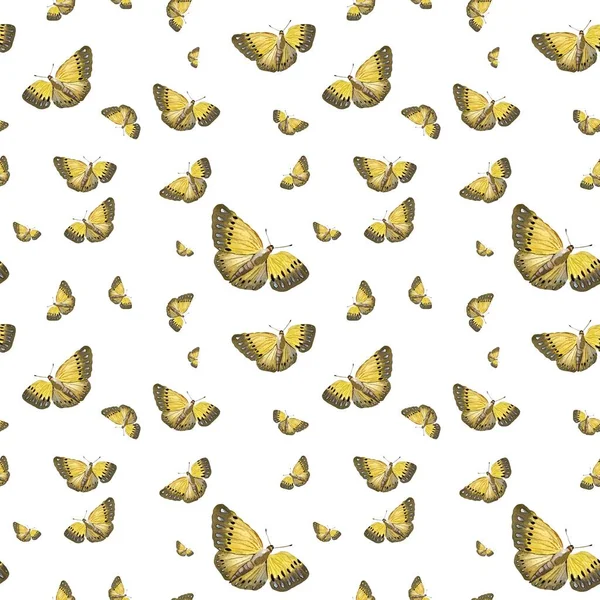 Yellow butterfly. Seamless pattern. A watercolor illustration. Isolated on white background. Picture for to use in design, home decor, fabrics, prints, textile, cards, invitations, banner, stationery.