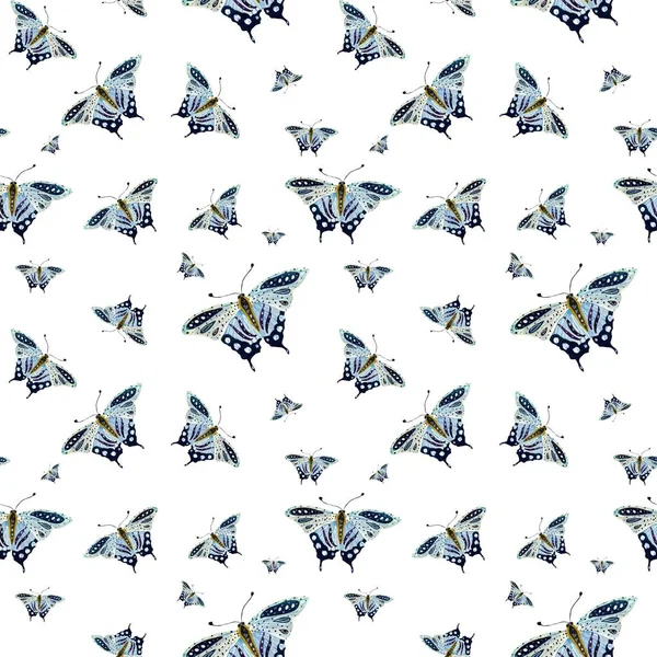 青い蝶 シームレスなパターン 水彩画です 白い背景に隔離されている デザイン 家の装飾 ファブリック プリント テキスタイル カード — ストック写真