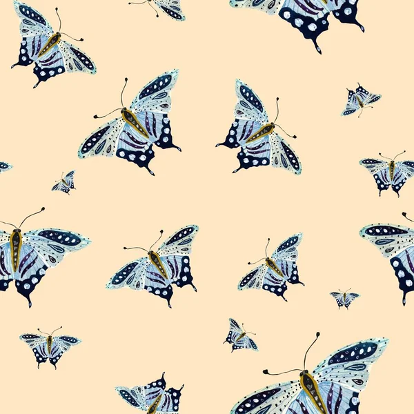 青い蝶のシームレスなパターン水彩イラスト 隔離されてる ベージュの背景 デザイン 家の装飾 ファブリック プリント テキスタイル カード 招待状 — ストック写真