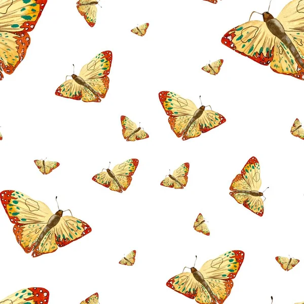 黄色のオレンジ蝶のシームレスなパターン 水彩画です 隔離された白い背景 デザイン 家庭用装飾品 プリント テキスタイル カード 招待状 バナー — ストック写真