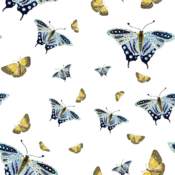 黄色の紫色の蝶のシームレスなパターン 水彩画です 白い背景に隔離されている デザイン 家の装飾 ファブリック プリント テキスタイル カード 招待状 — ストック写真