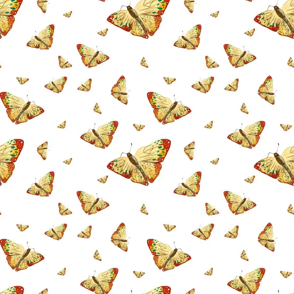 黄色のオレンジの蝶 シームレスなパターン 孤立した水彩画のイラスト 白地だ デザイン 家庭用装飾品 プリント テキスタイル カード 招待バナー — ストック写真