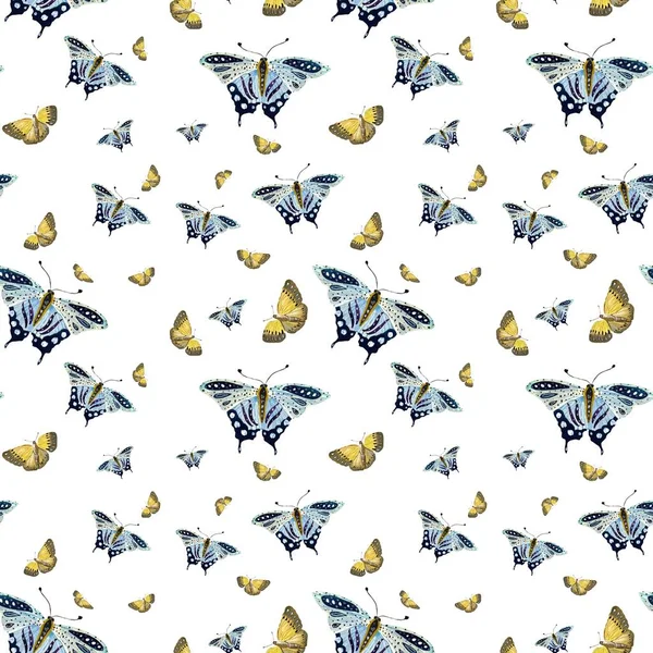 Жовтий Фіолетовий Синій Метелик Безшовний Візерунок Акварельна Ілюстрація Ізольовані Білому — стокове фото