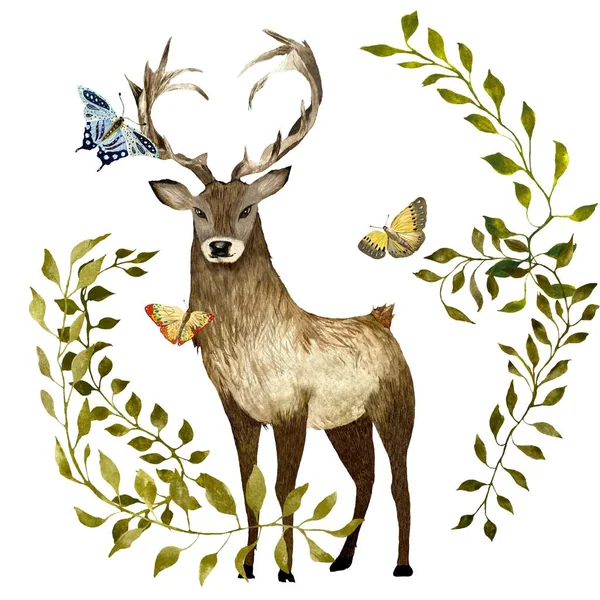 大きな蝶とリアナを持つ茶色の鹿 水彩画です 白い背景に隔離されている デザイン 家の装飾 ファブリック プリント テキスタイル カード 招待状 — ストック写真