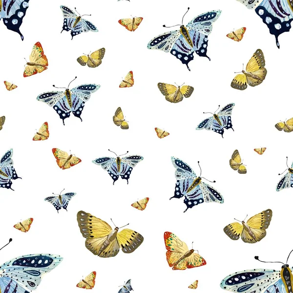 黄色のオレンジ色の青い蝶のシームレスなパターン 水彩画です 白い背景に隔離されている デザイン 家の装飾 ファブリック プリント テキスタイル カード 招待状 — ストック写真