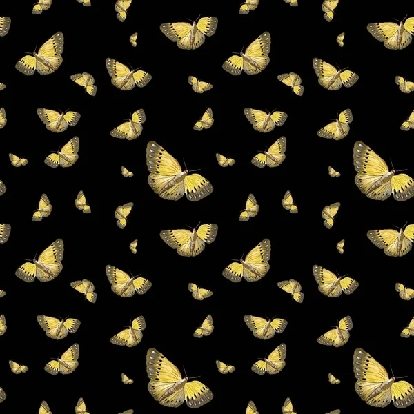 Yellow Butterfly Seamless Pattern Watercolor Illustration Isolated Black Background Picture — Stock Photo, Image